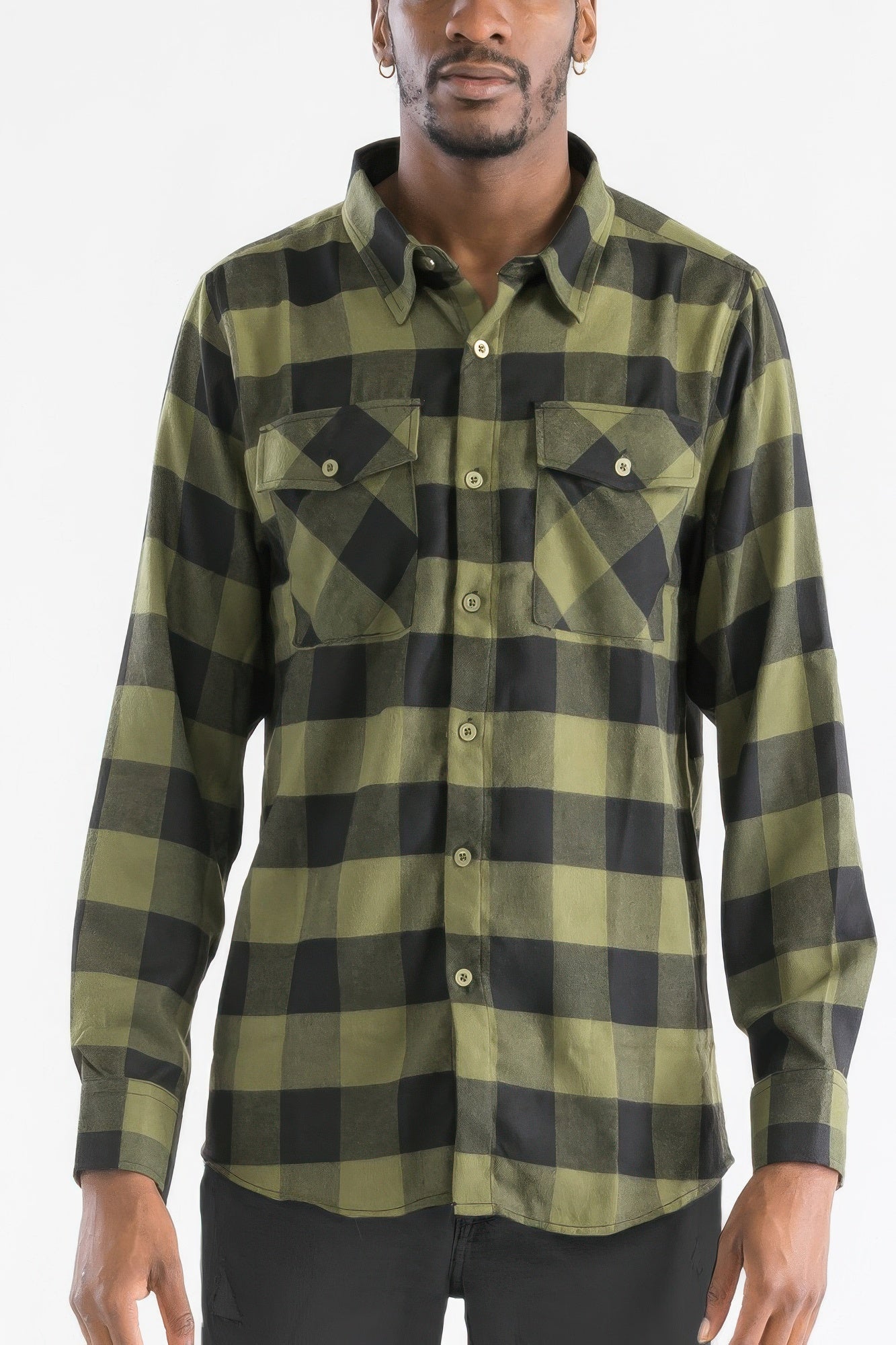Checkered Long Sleeve Flannel Shirt Olive Black
