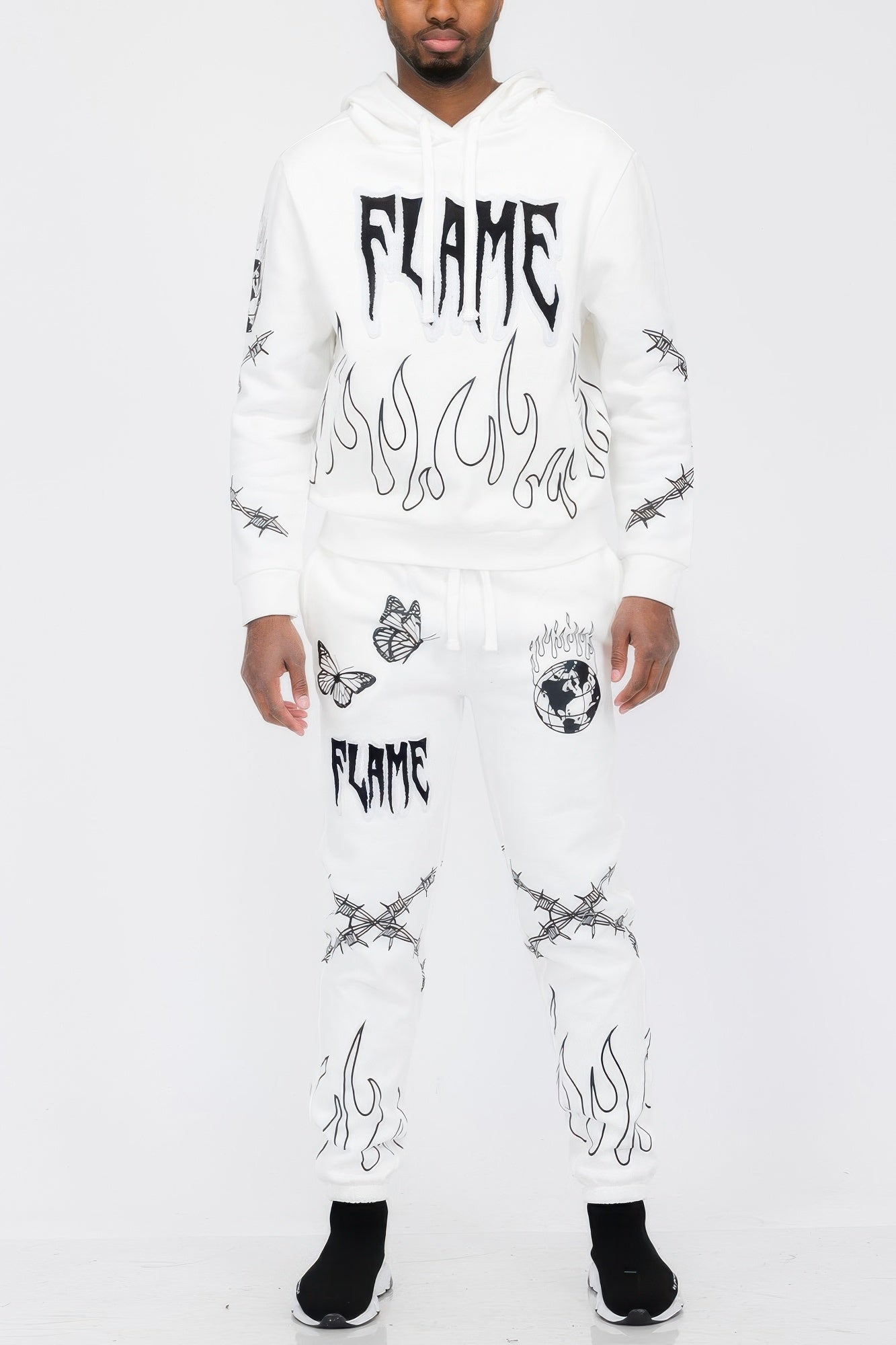 Flame Fire Chenille Hoodie Sweat Set White