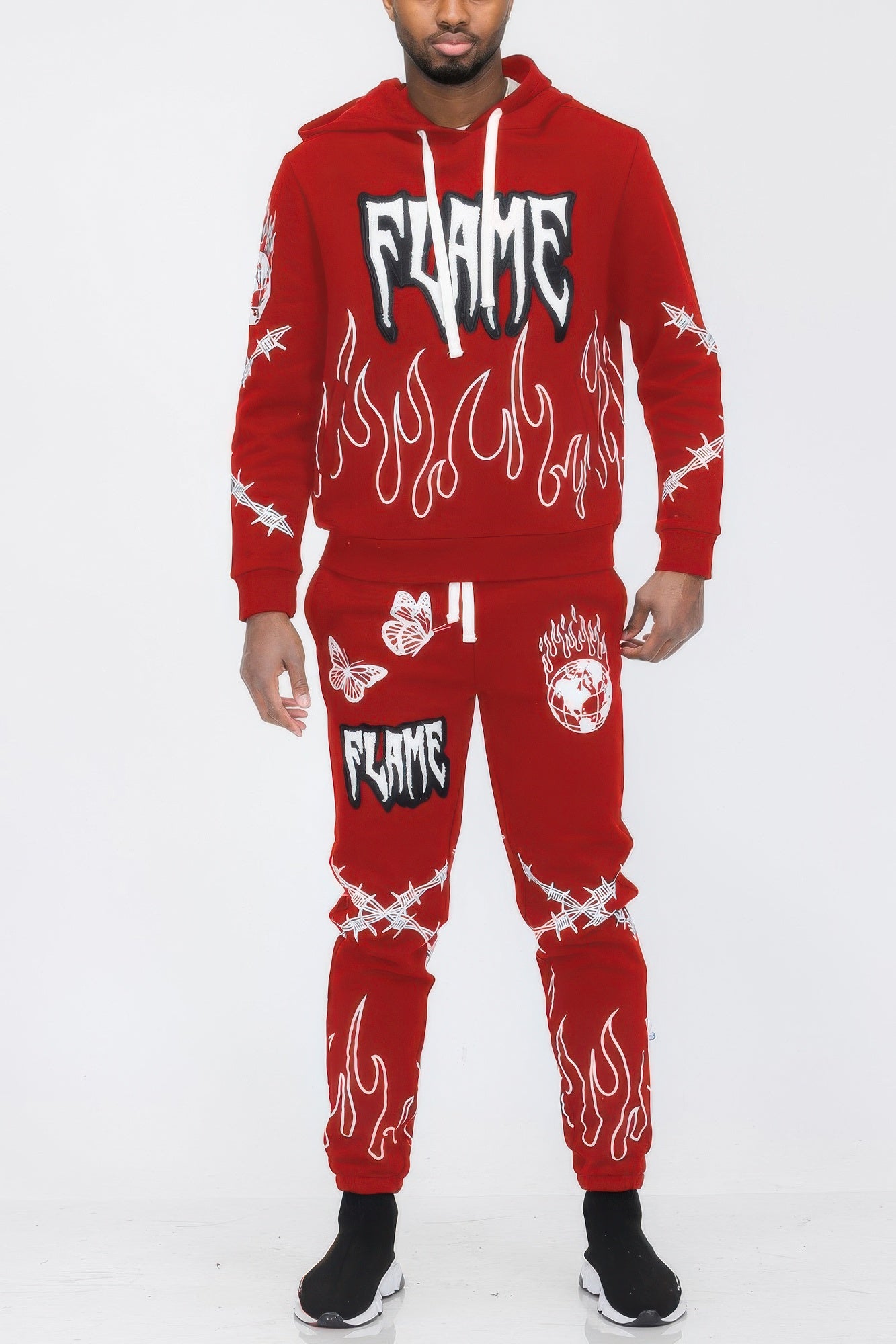 Flame Fire Chenille Hoodie Sweat Set Red