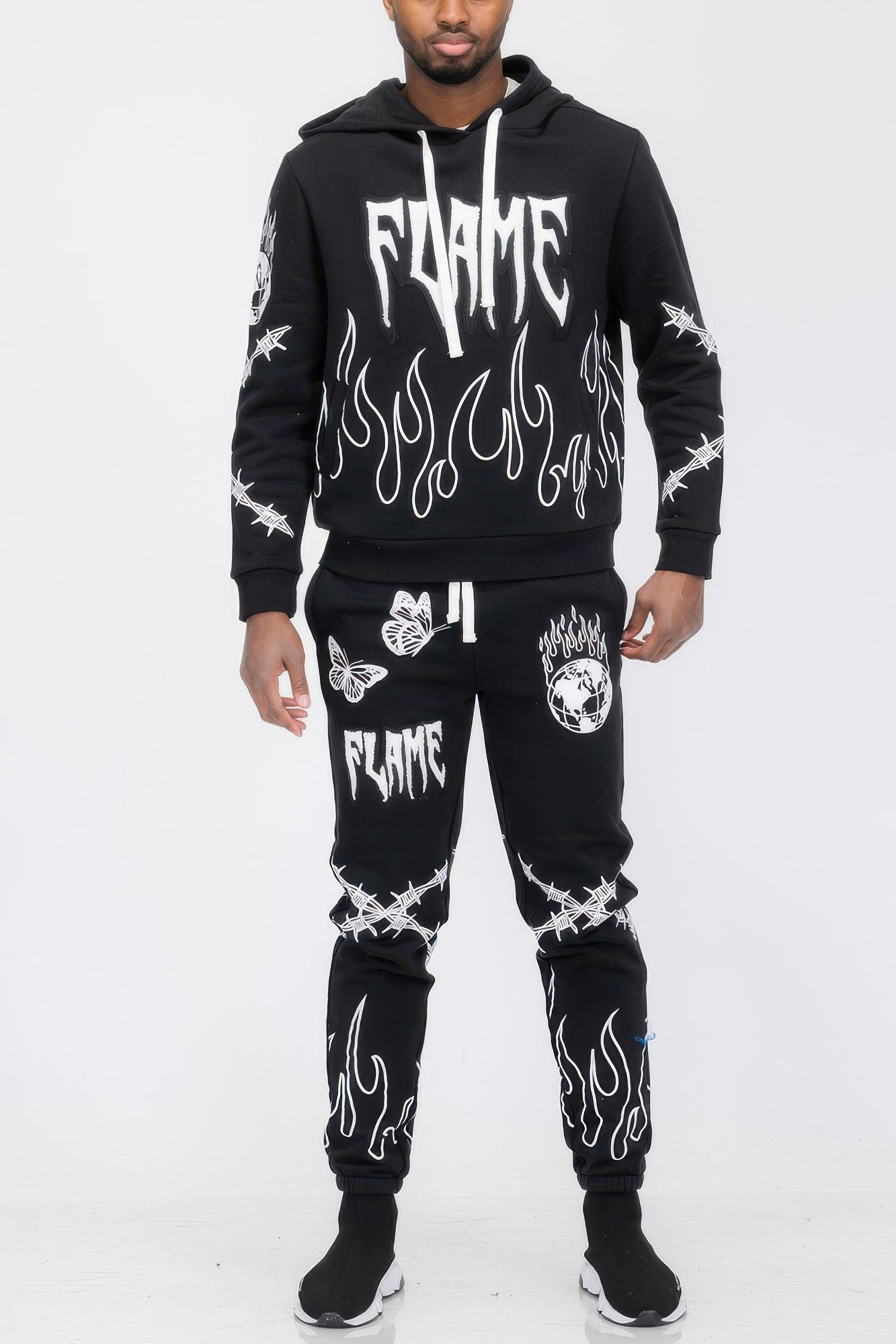 Flame Fire Chenille Hoodie Sweat Set Black