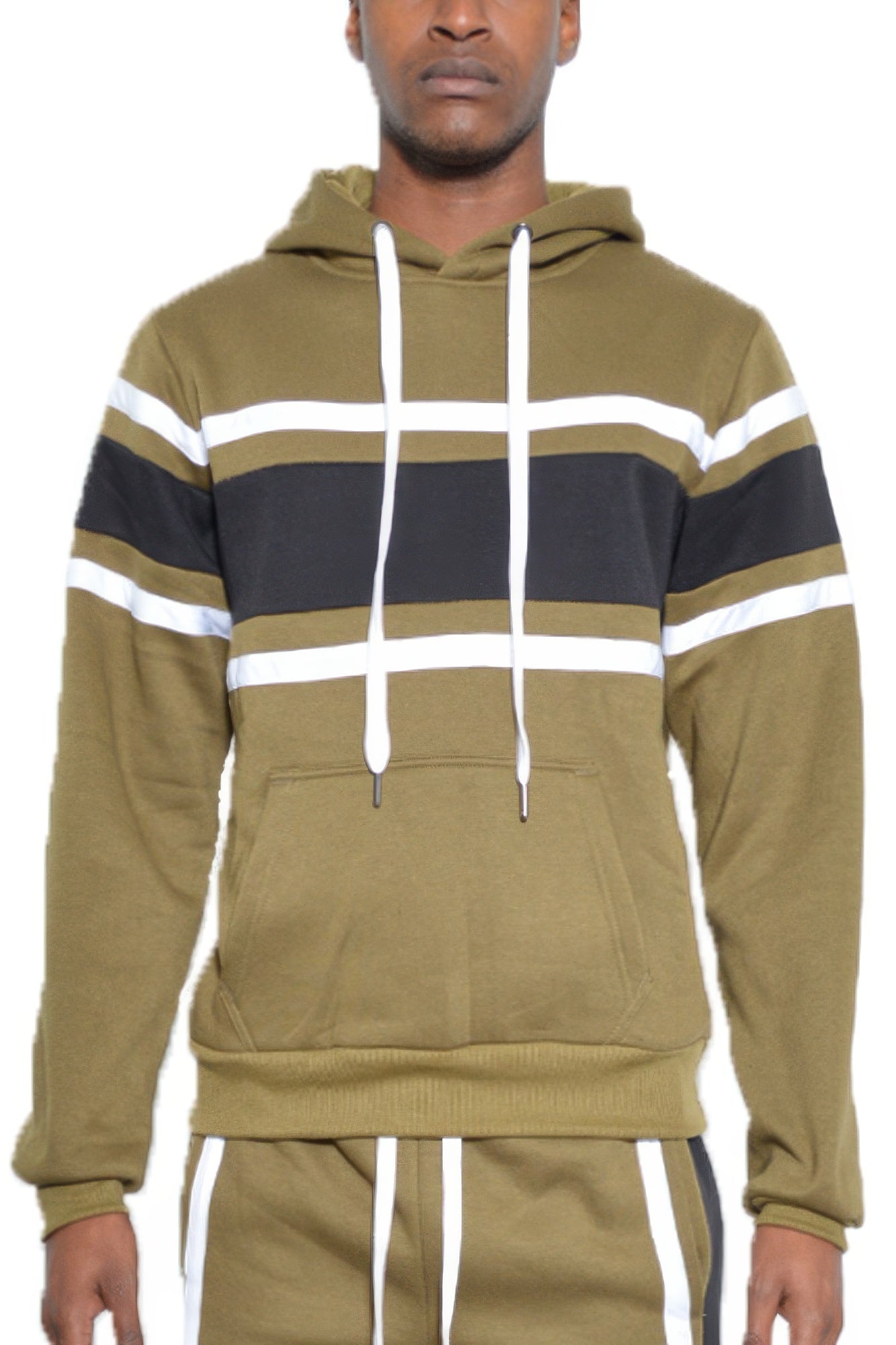 Solid With Three Stripe Pullover Hoodie Olive Black