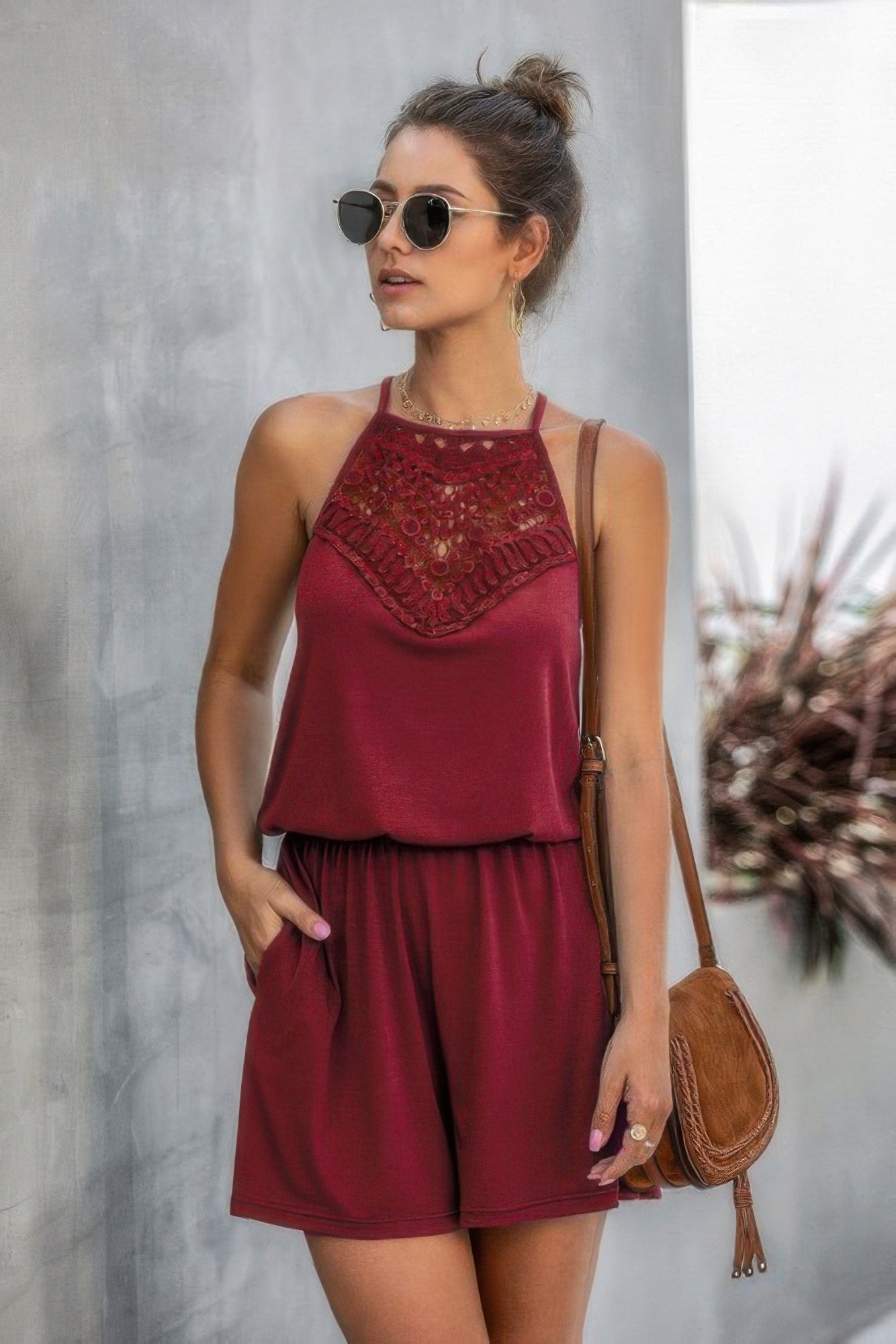 Solid Halter Lace Sleeveless Patchwork Romper Wine