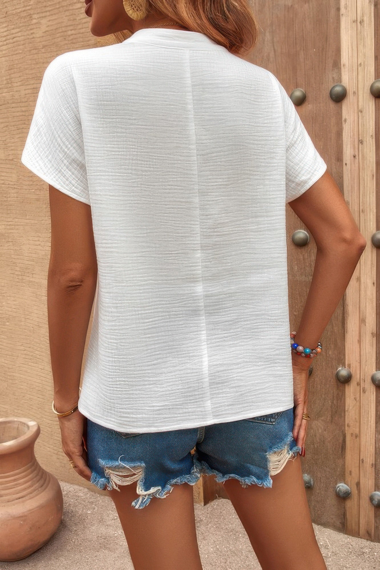 Solid V Neck Batwing Sleeve Loose Blouse White