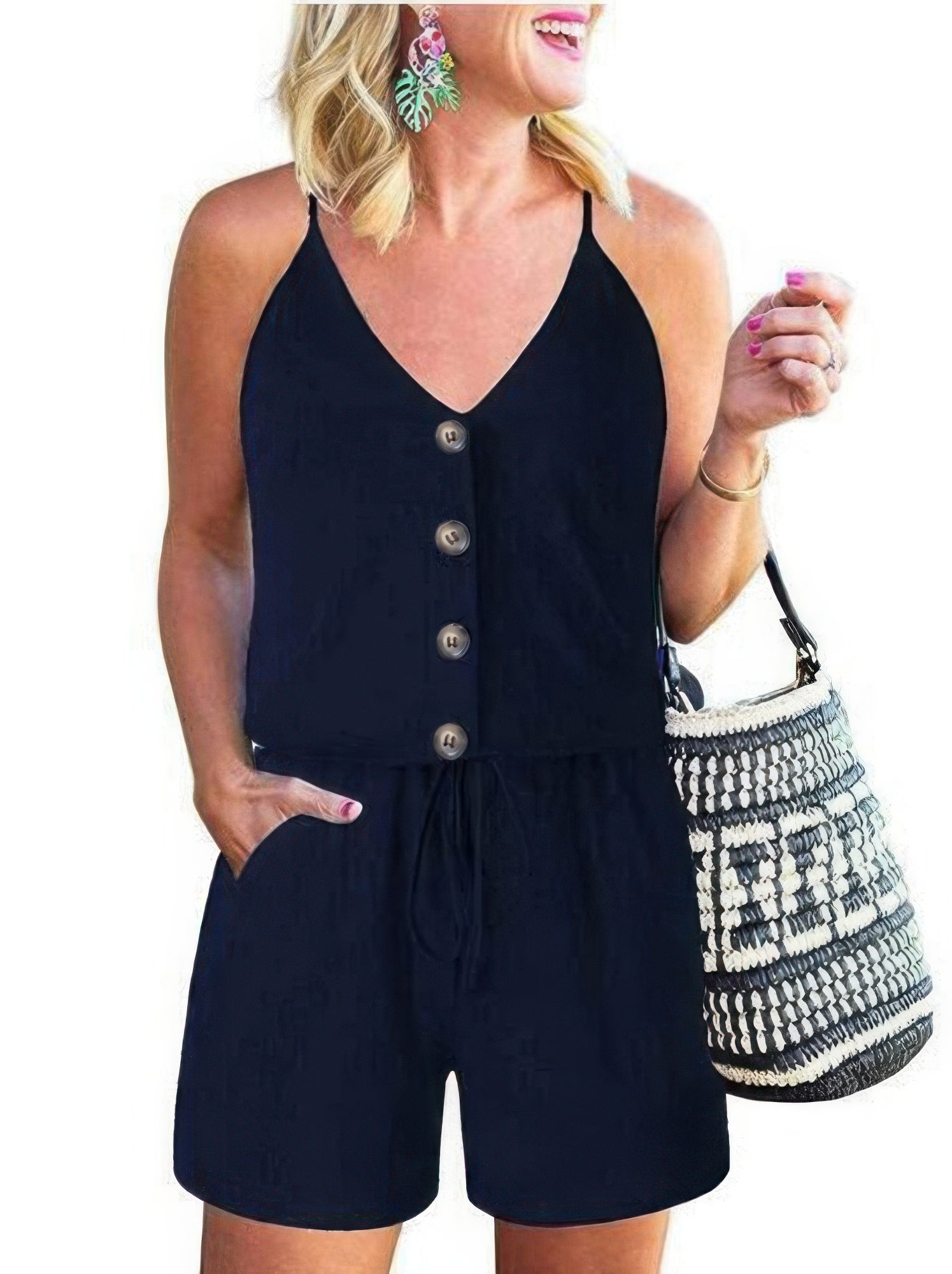 Button Sleeveless Spaghetti Strap Cami Romper Navy