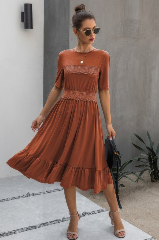 Ruffled Lace Midi Swing Dress Rust