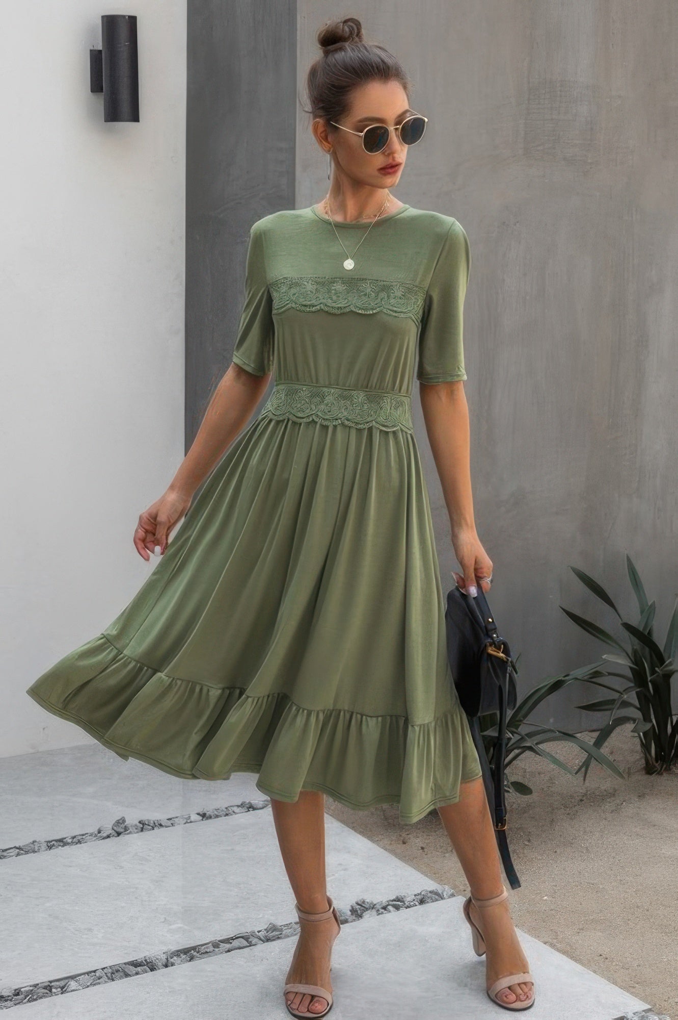 Ruffled Lace Midi Swing Dress Green