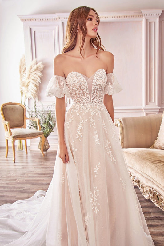 Willow Bridal Gown Embroidered Long Wedding Dress Laced Mid Open Back Elongated Vintage Hem Tail Puff Detached Sleeves CDA1014 Elsy Style Wedding Dress