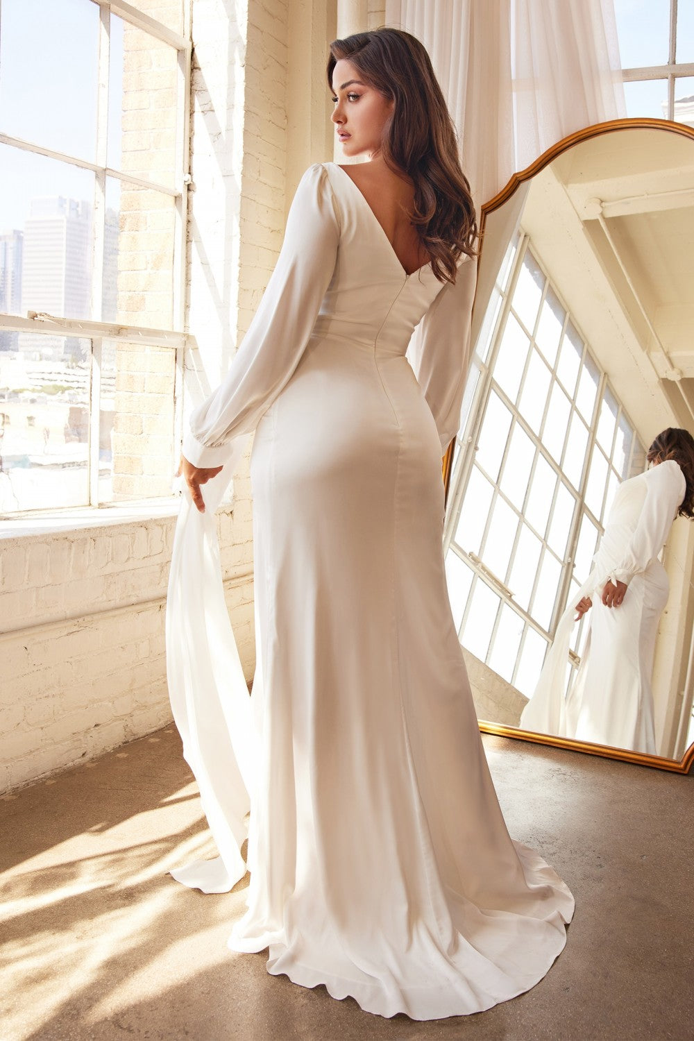 Wrap-Effect Wedding & Bridal Long Sleeve Satin Gown Floor-Length Skirt with a Leg Slit Modern Luxury Bride Dress CD7478W Elsy Style Wedding Dresses
