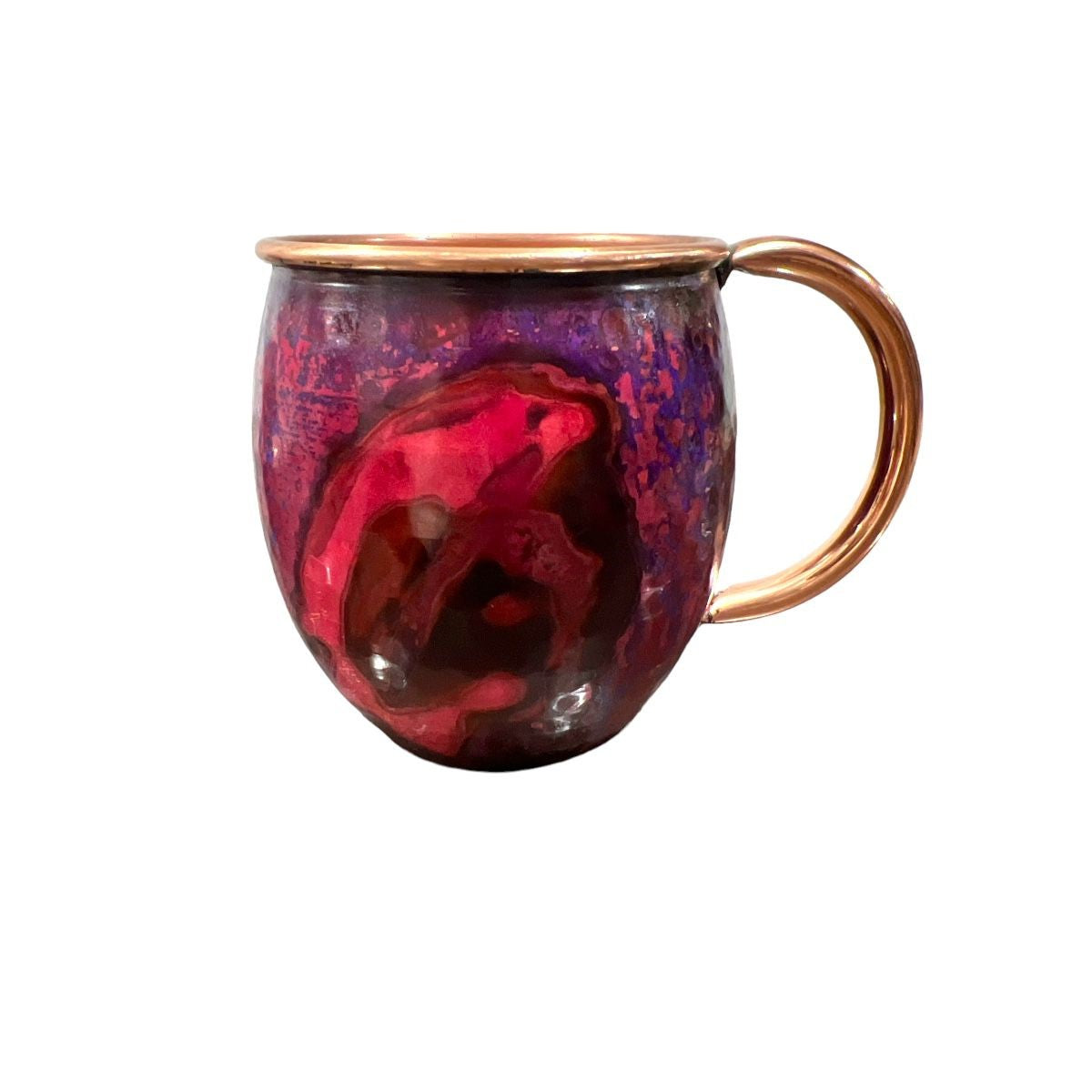 Set of Two Copper Barrel Mugs with Chiselled Skull (Day of the Dead), Hammered and Purple Marbled Finish