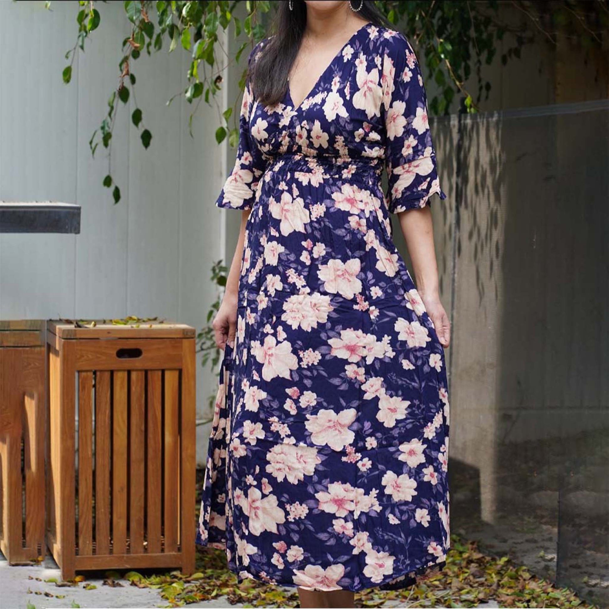 Kasih Co-op Dress Blue Trumpet Sleeve Over the Knee with White and Pink Floral Pattern