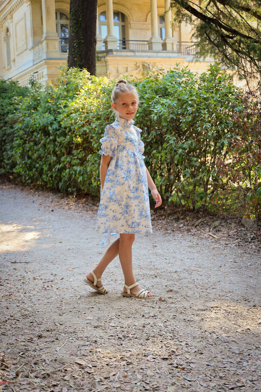 Aoki Dress-Blue Toile | Three-Quarter Sleeve