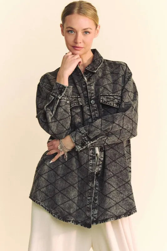 Davi & Dani Curved Hem Diamond Quilted Button Up Denim Shacket Black