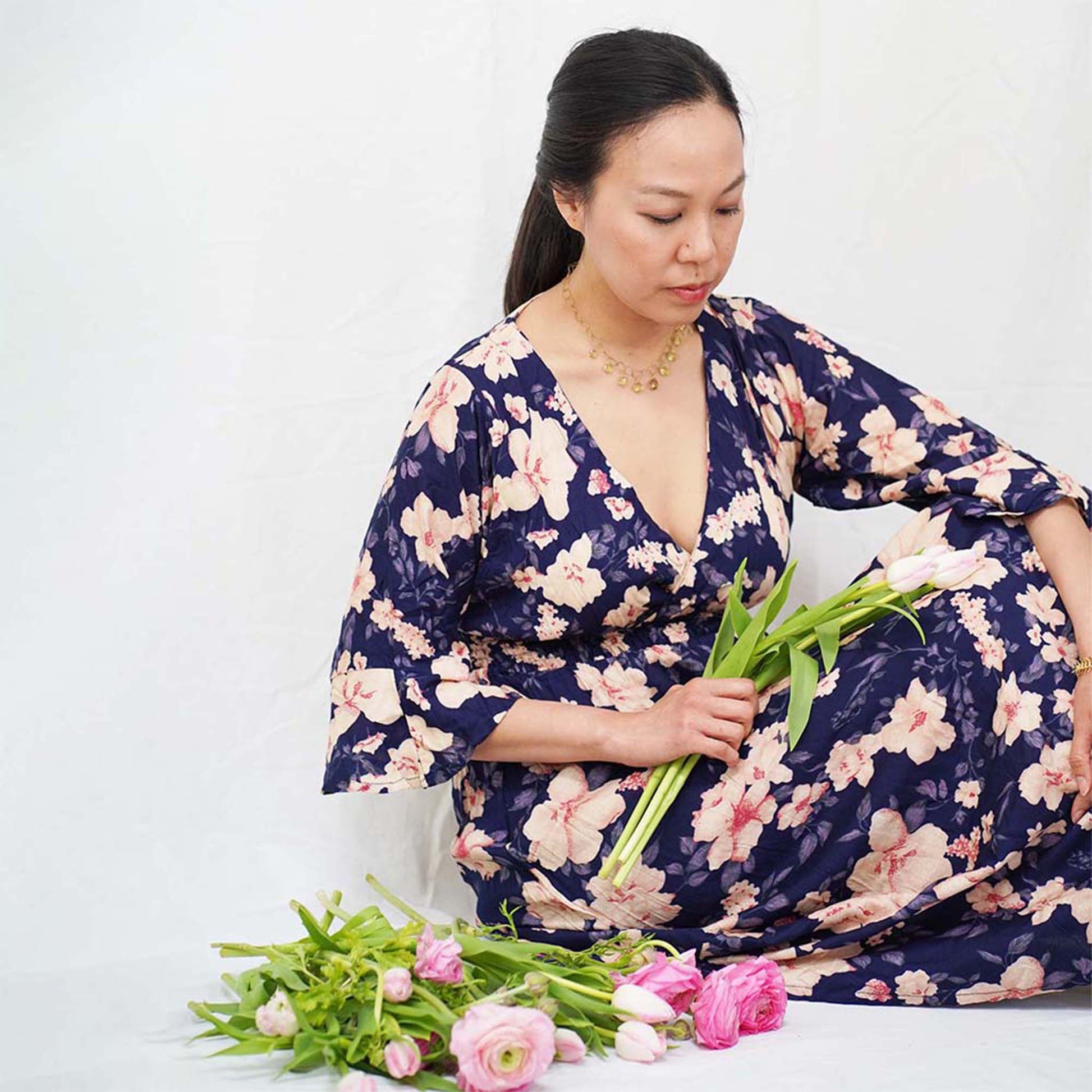 Kasih Co-op Dress Blue Trumpet Sleeve Over the Knee with White and Pink Floral Pattern