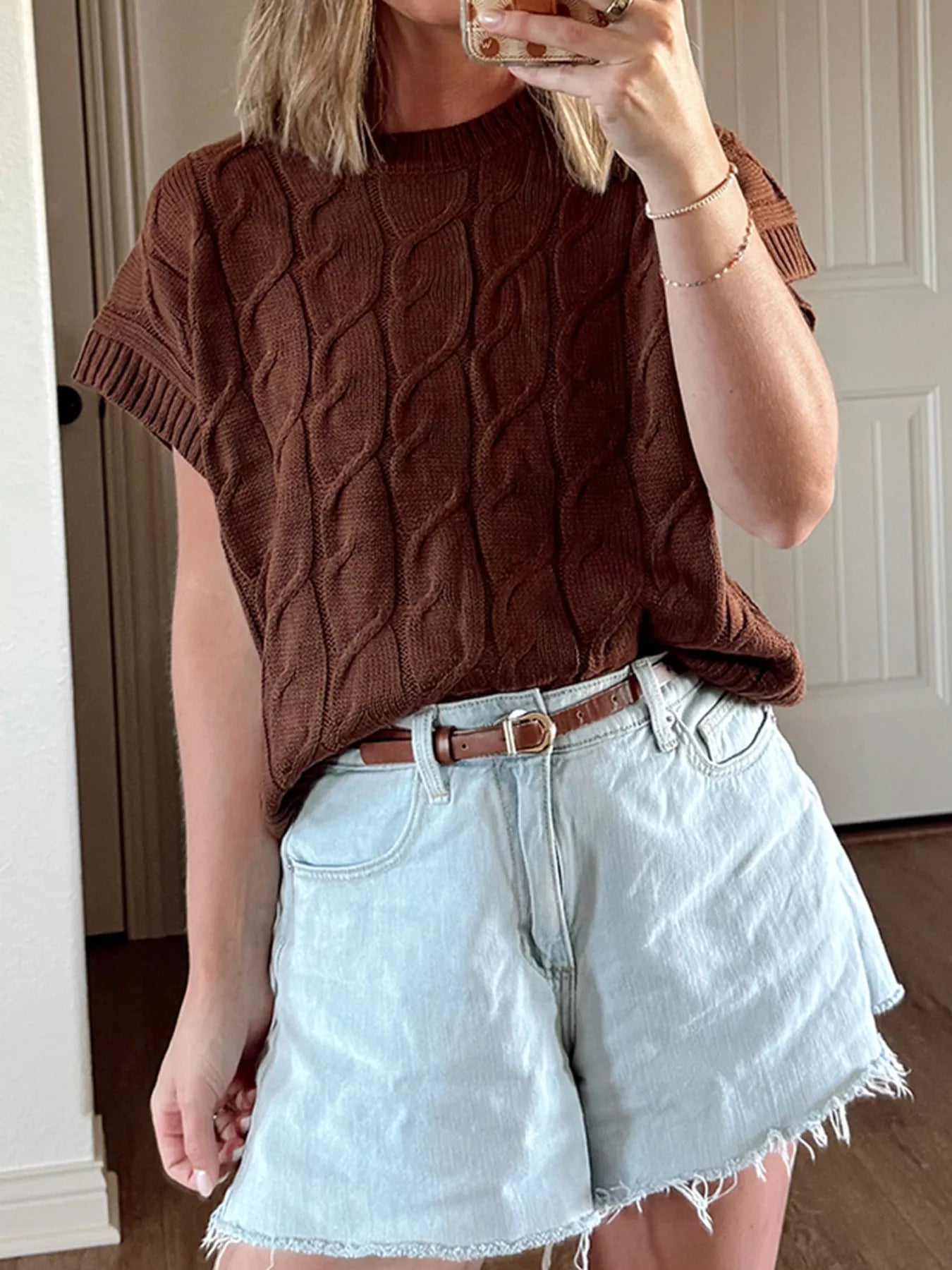 Cable Texture Crew Neck Short Sleeve Sweater Top Brown