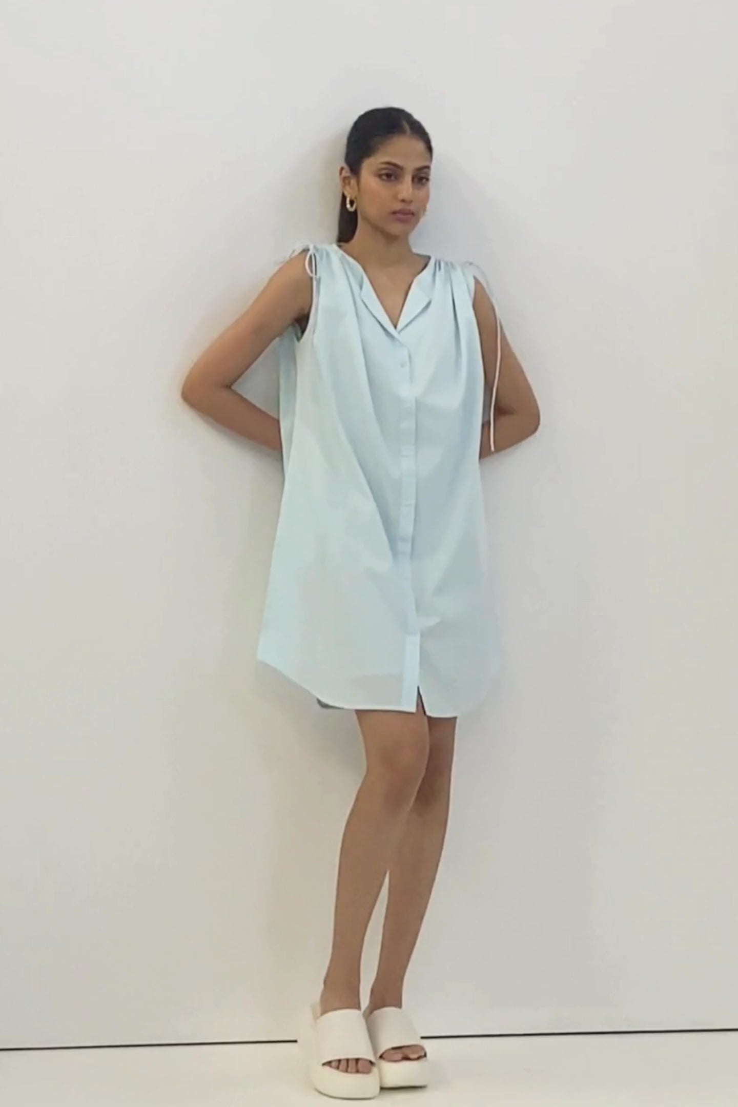 Shirt dress with Shoulder Tie Details in Summer Blue