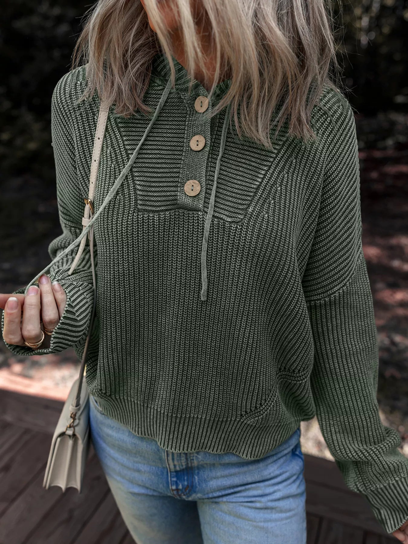 Mineral Wash Ribbed Knit Button Drawstring Neck Hooded Sweater Army Green