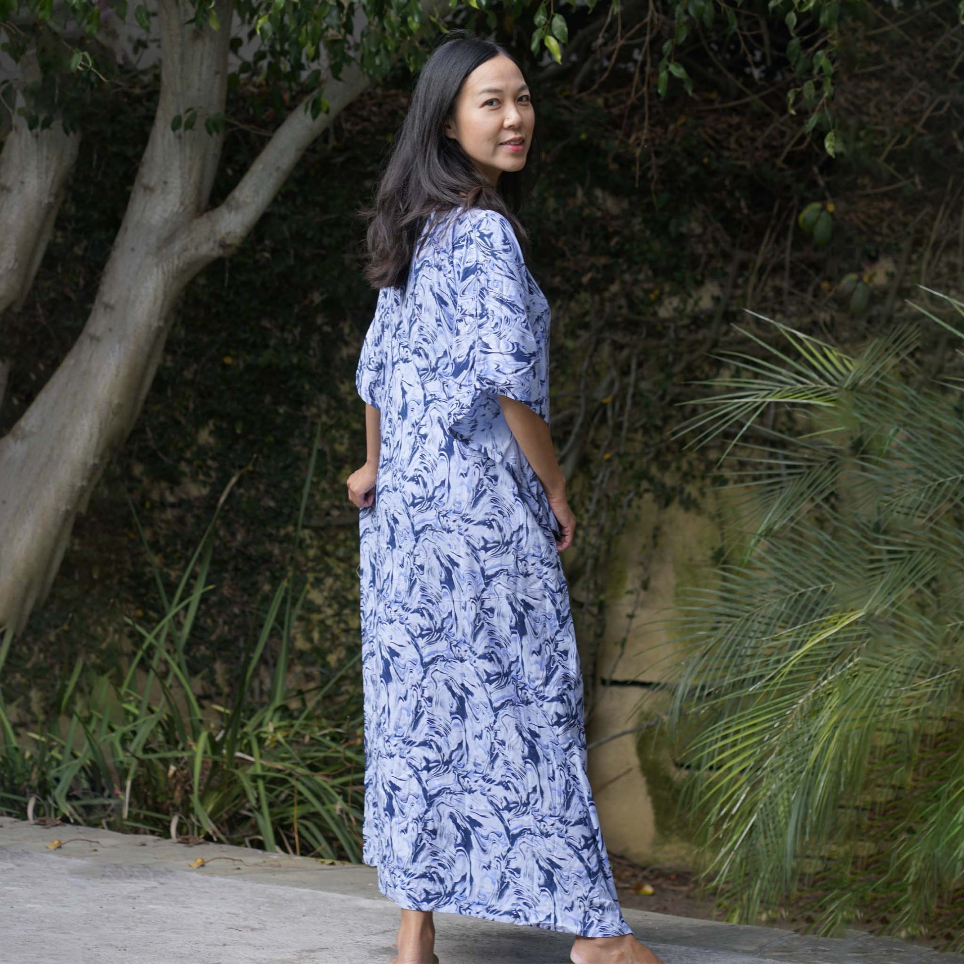 Kaftan Dress Rayon Blue Marble Lightweight