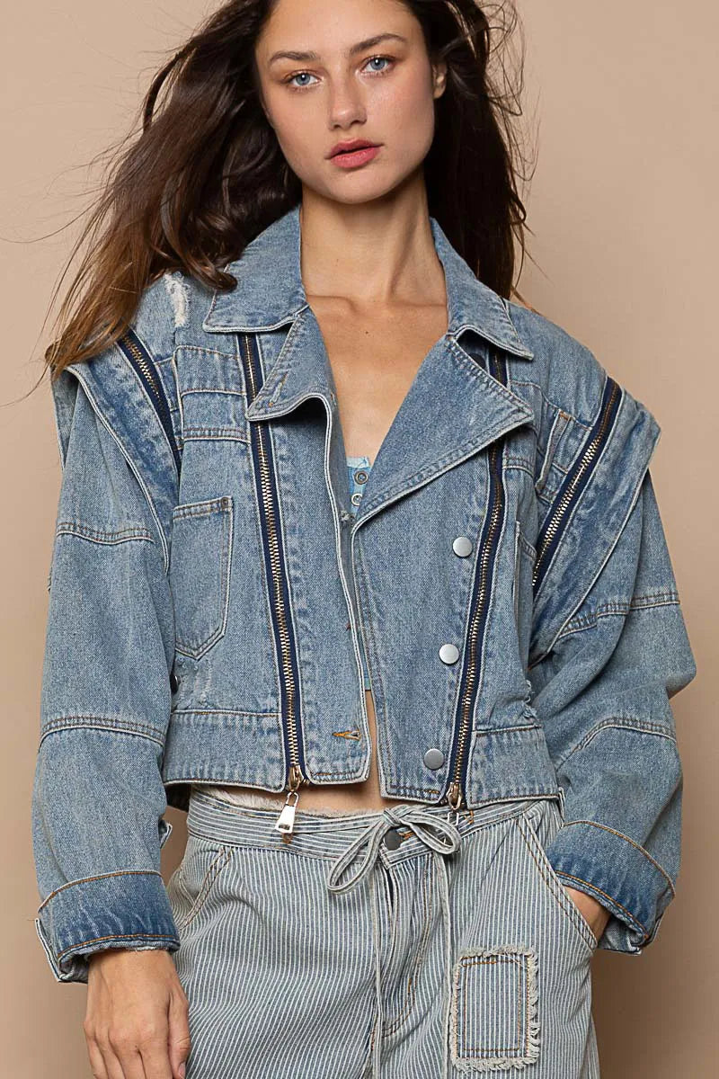 POL Cropped Denim Jacket with Functional Zipper Detail Dusty Blue