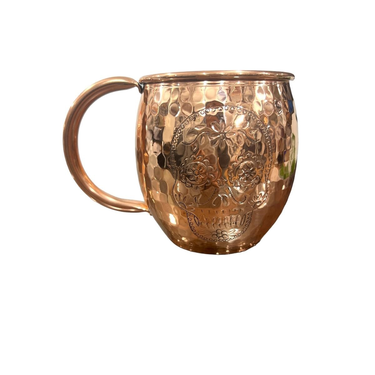 Set of Two Copper Barrel Mugs with Chiselled Skull (Day of the Dead), Hammered and Shiny Finish