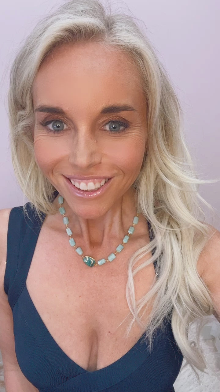 Hana Wrap Bracelet/Necklace in Teal Mojave Copper Turquoise - Chunky Stone