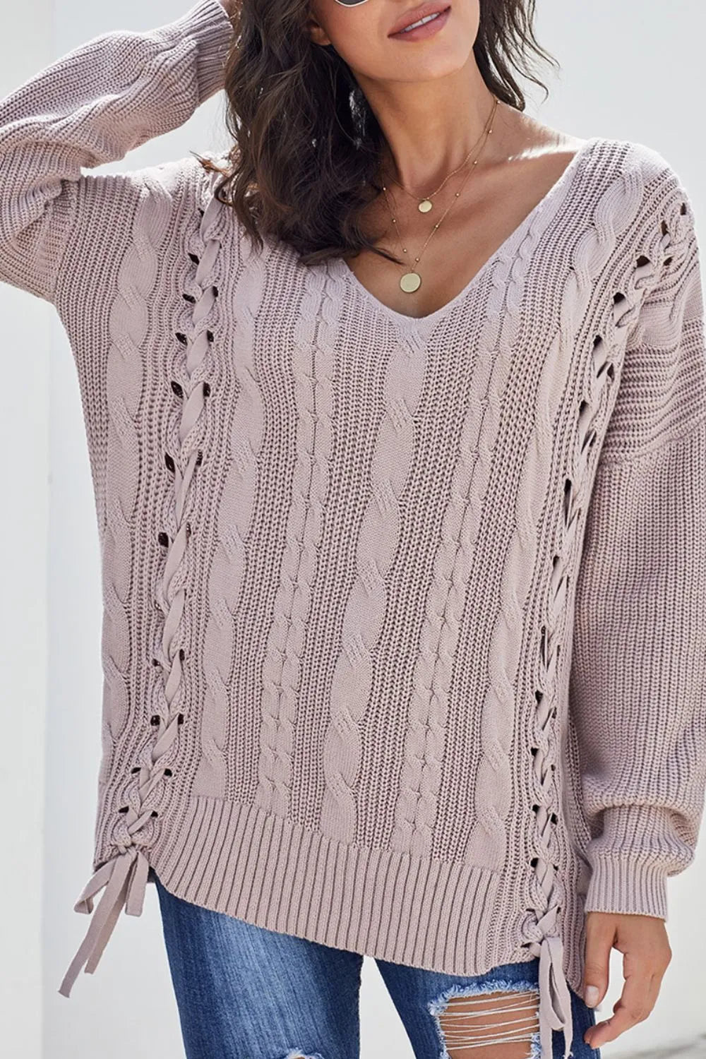 Cable Knit Lace Up V-Neck Sweater Dusty Pink