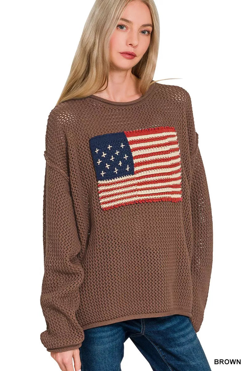 Zenana American Flag Crew Neck Sweater BROWN