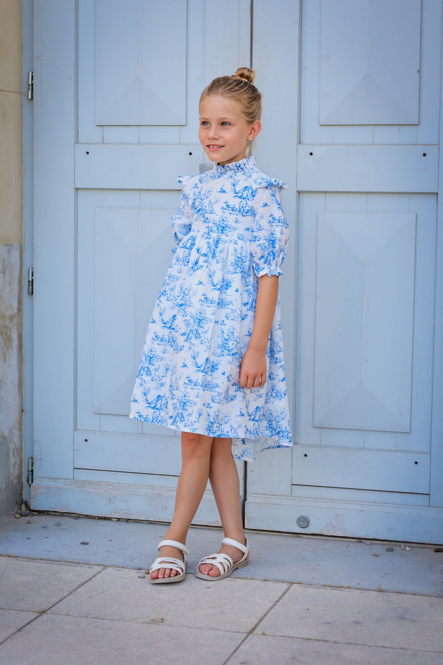 Aoki Dress-Blue Toile | Three-Quarter Sleeve