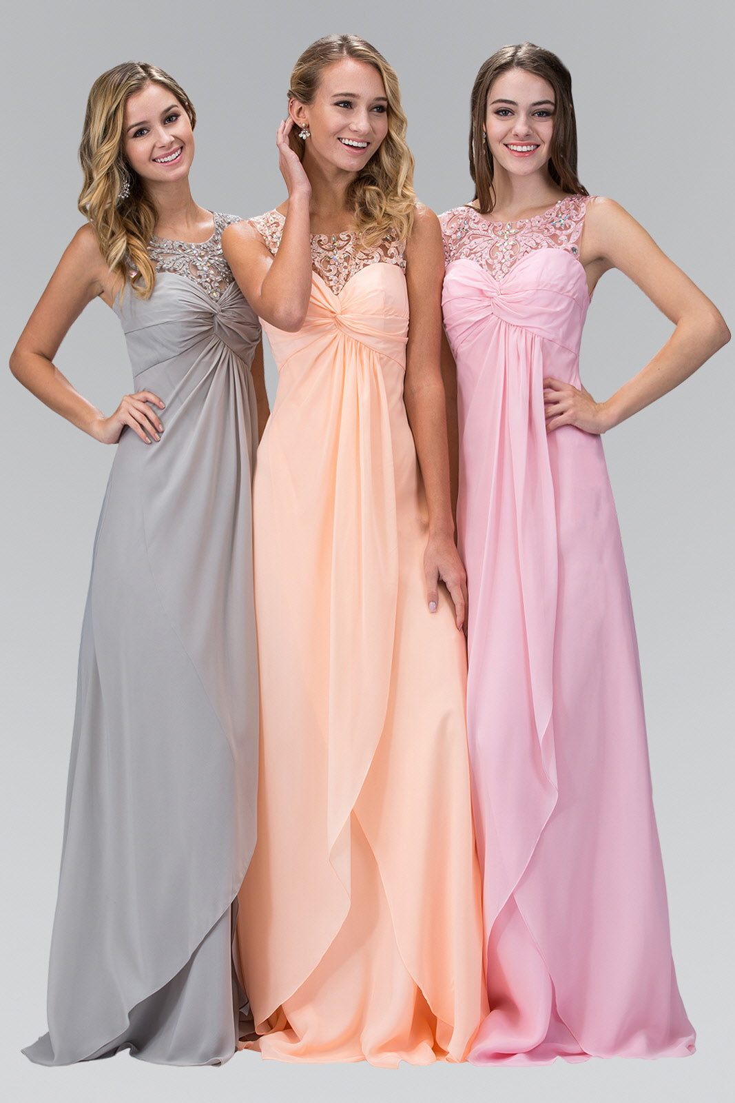 Empire Line Chiffon Long Dress with Beaded Illusion Neckline