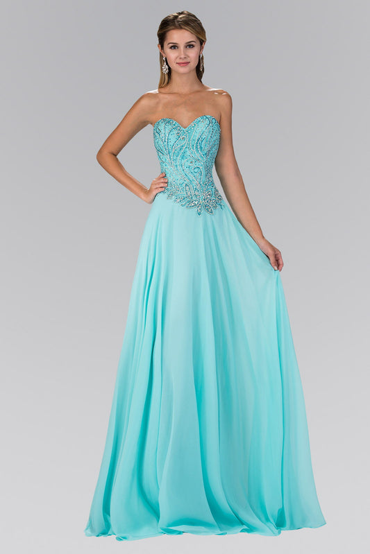 Strapless Sweetheart Chiffon Long Dress with Jewel Embellished Bodice