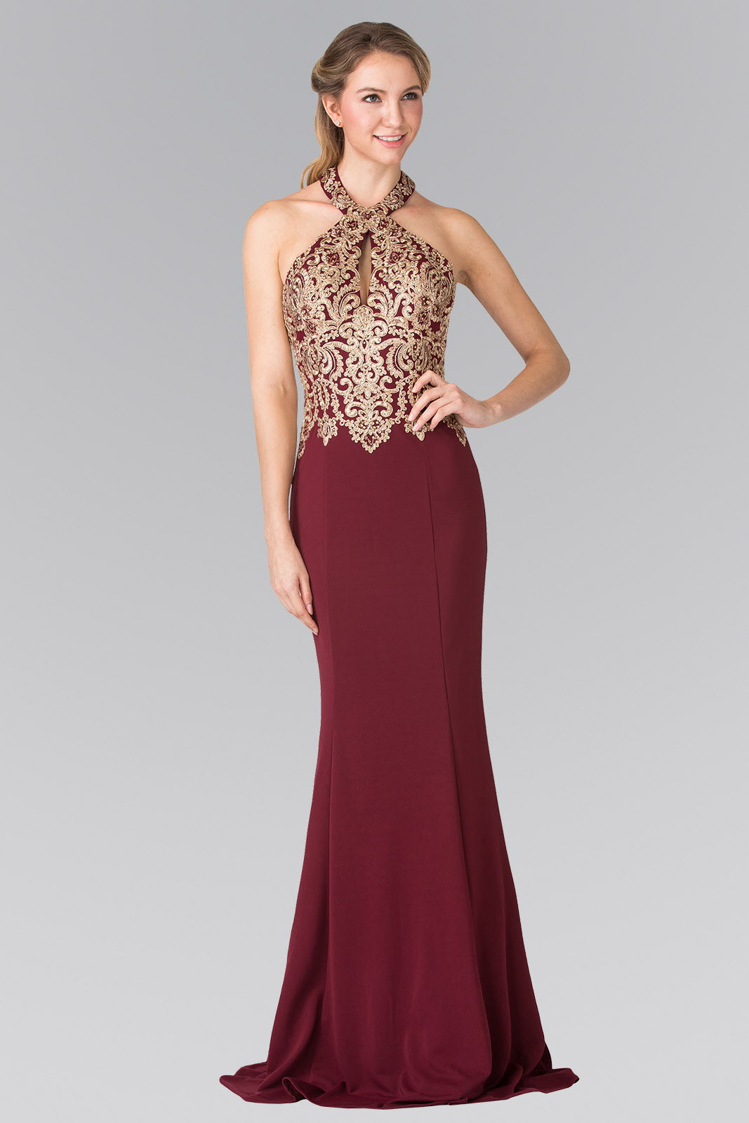 Embroidered Neck Halter Jersey Long Dress with Open Back