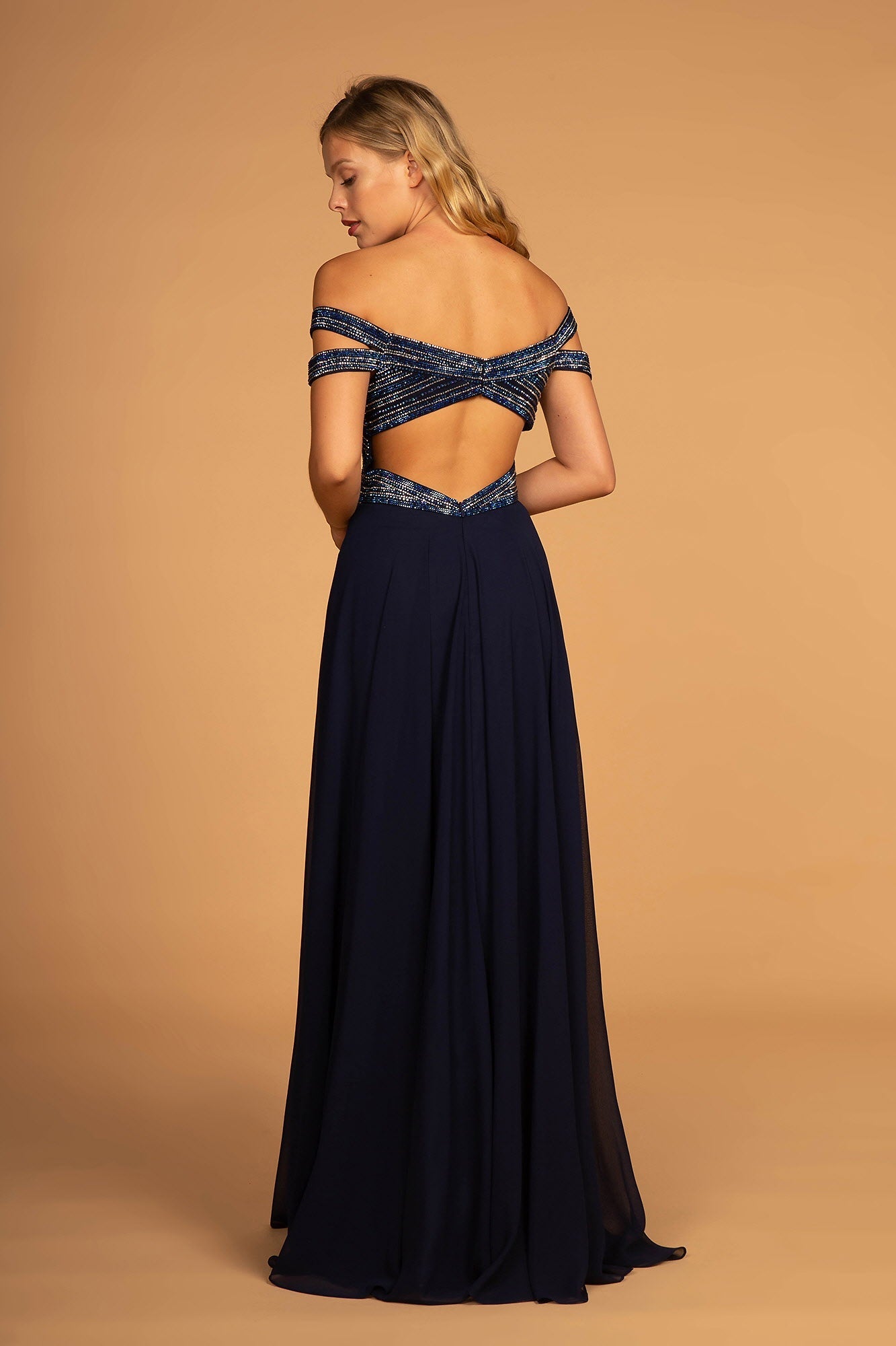 Jewel Embellished Bodice Illusion Deep V-Neck Chiffon Long Dress