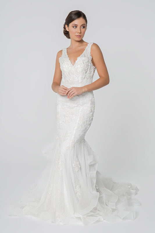 Embroidered V-Neck Sleeveless Mermaid Wedding Gown