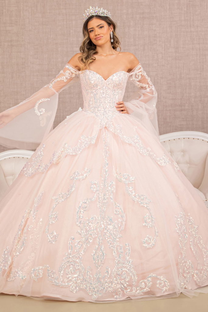 Glitter Layered Hem Quinceanera Gown w/ Long Mesh Sleeves
