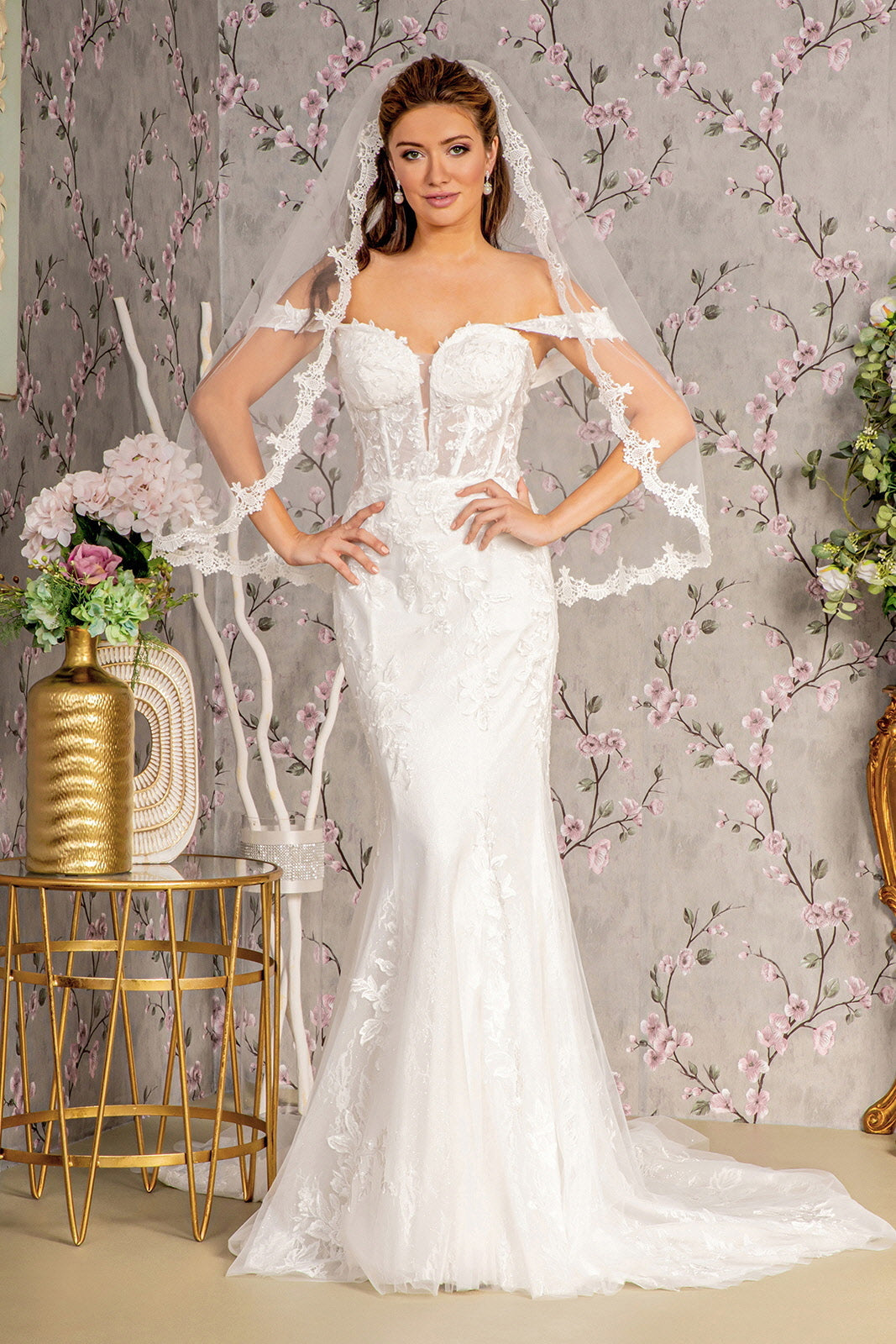 Glitter Off Shoulder Sheer Bodice Mesh Mermaid Wedding Gown