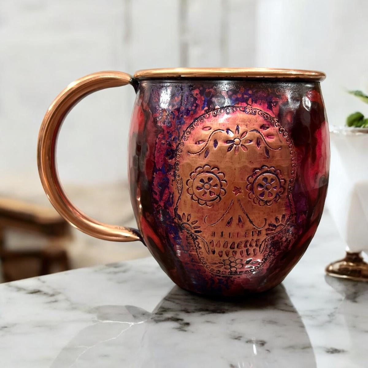 Set of Two Copper Barrel Mugs with Chiselled Skull (Day of the Dead), Hammered and Purple Marbled Finish
