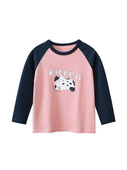 Autumn New Arrival Kids Girls Animals Cartoon and Letters Print Crew Neck Long Sleeves Pullover Sweatshirt