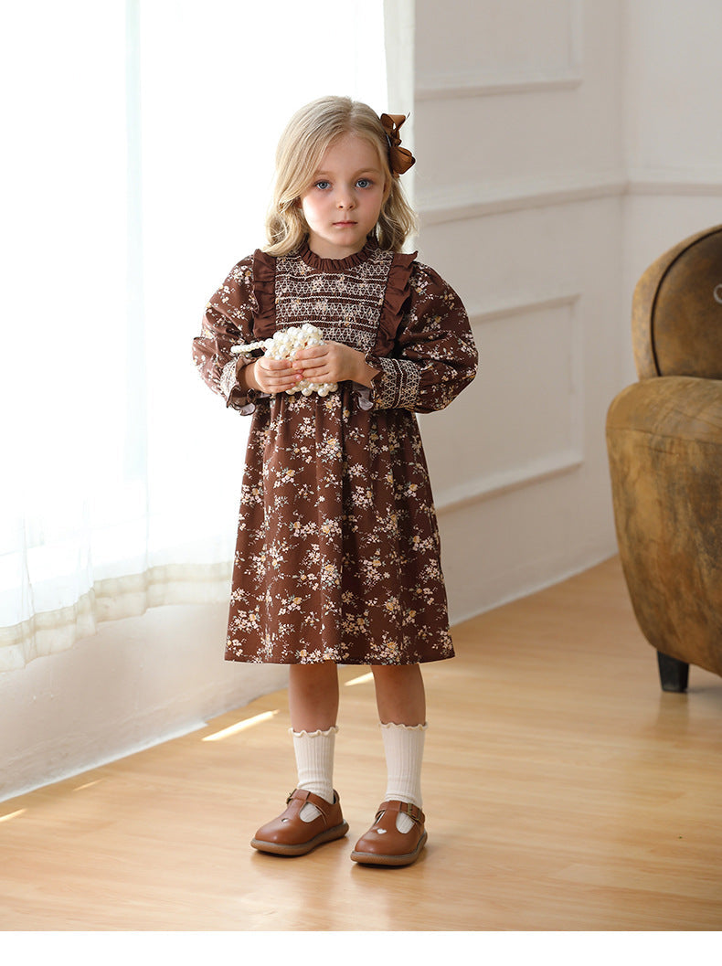 New Design Autumn Girls Vintage Floral Long Puff Sleeves Ruffle Neck Dress