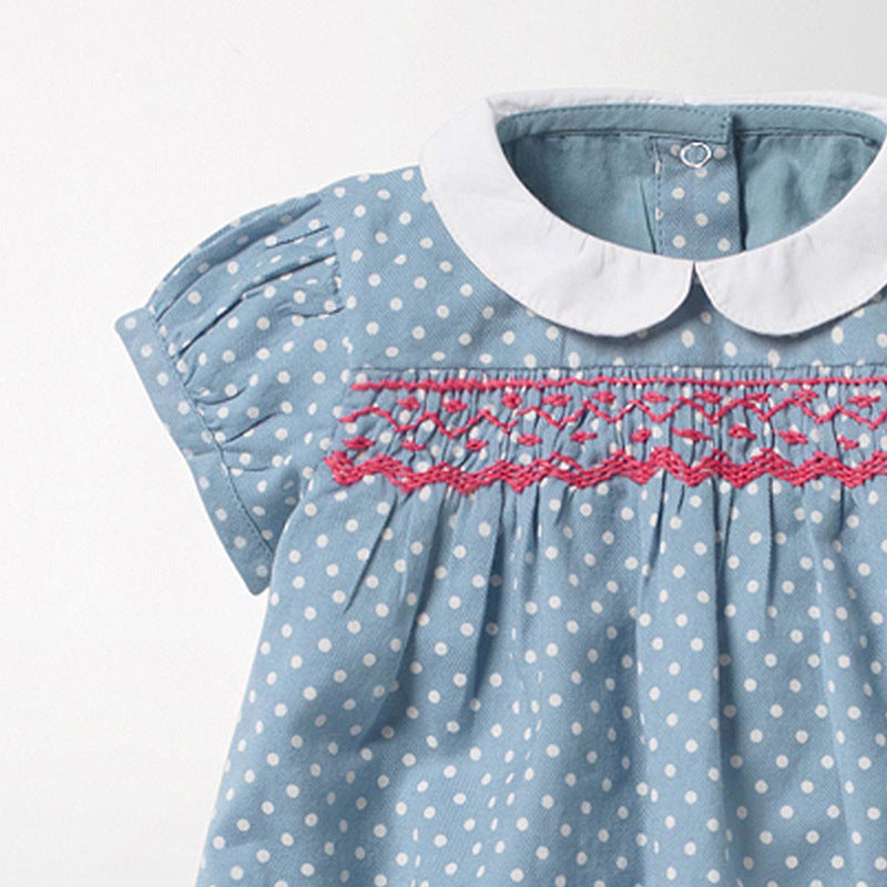 Summer New Arrival Girls Short Sleeves Rabbits Cartoon White Dots Peter Pan Collar Dress