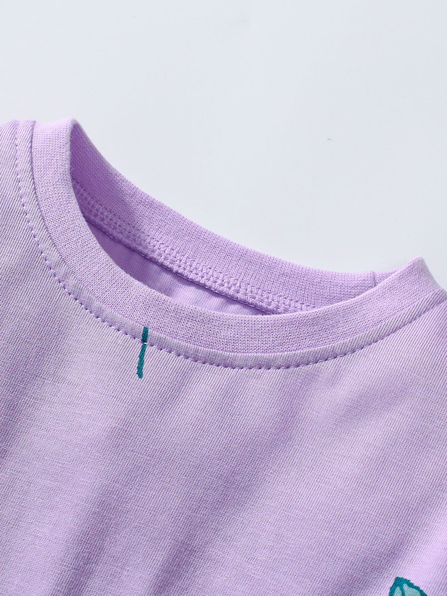 Autumn New Arrival Girls’ Flowers Pattern Crew Neck Long Sleeves Purple Dress