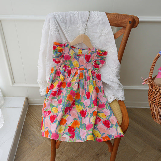 Summer New Arrival Kids Girls Fly Sleeves Tulip Flowers Pattern Dress