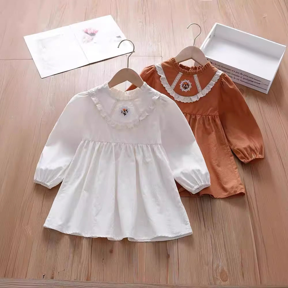 Autumn Kids Girls Simple Long Sleeves Ruffle Neck Floral Embroidery Dress