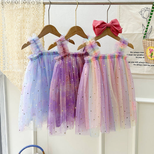 New Design Summer Kids Girls Elegant Fairy Style Sequin Mesh Sleeveless Dress