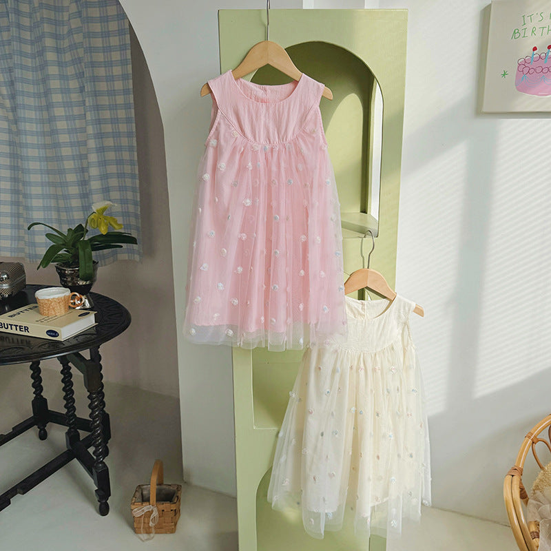 New Design Summer Kids Girls Sleeveless Rose Embroidery Mesh Dress