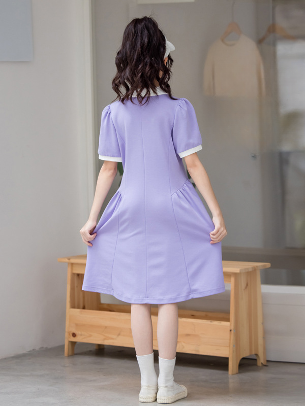 Hot Selling Summer Kids Girls Sports Style Purple Short Sleeves Turn-Down Collar Dress