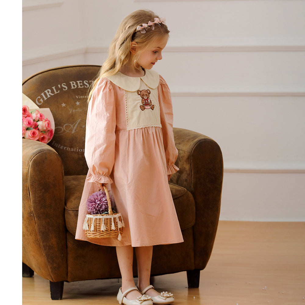 New Arrival Autumn Girls Pink Long Sleeves Dress with Teddy Embroidery Pattern