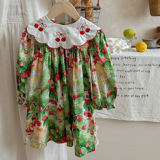 New Arrival Autumn Girls Vivid Cherry and Teddy Pattern Long Sleeves Dress with Embroidery Collar