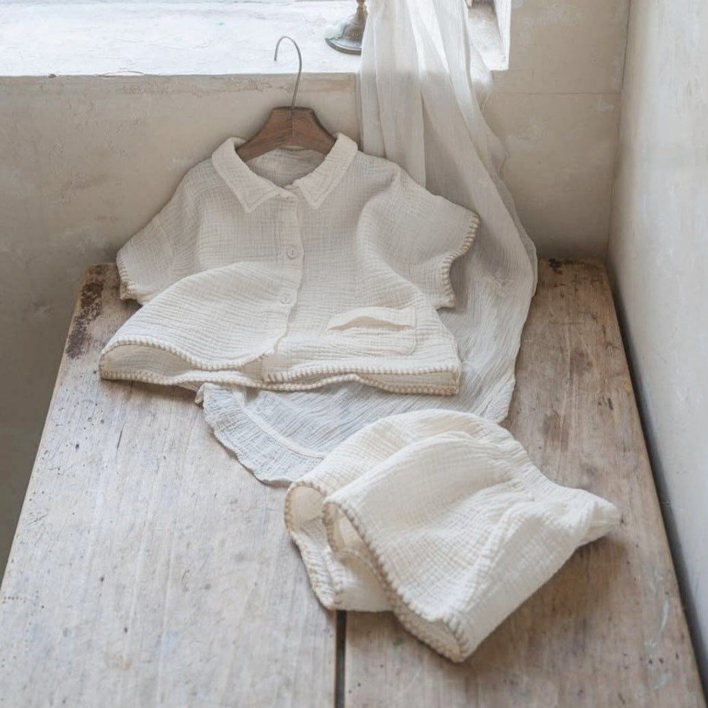 Summer Hot Selling Baby Kids Unisex Short Sleeves Single Breasted Shirt and Shorts Clothing Set