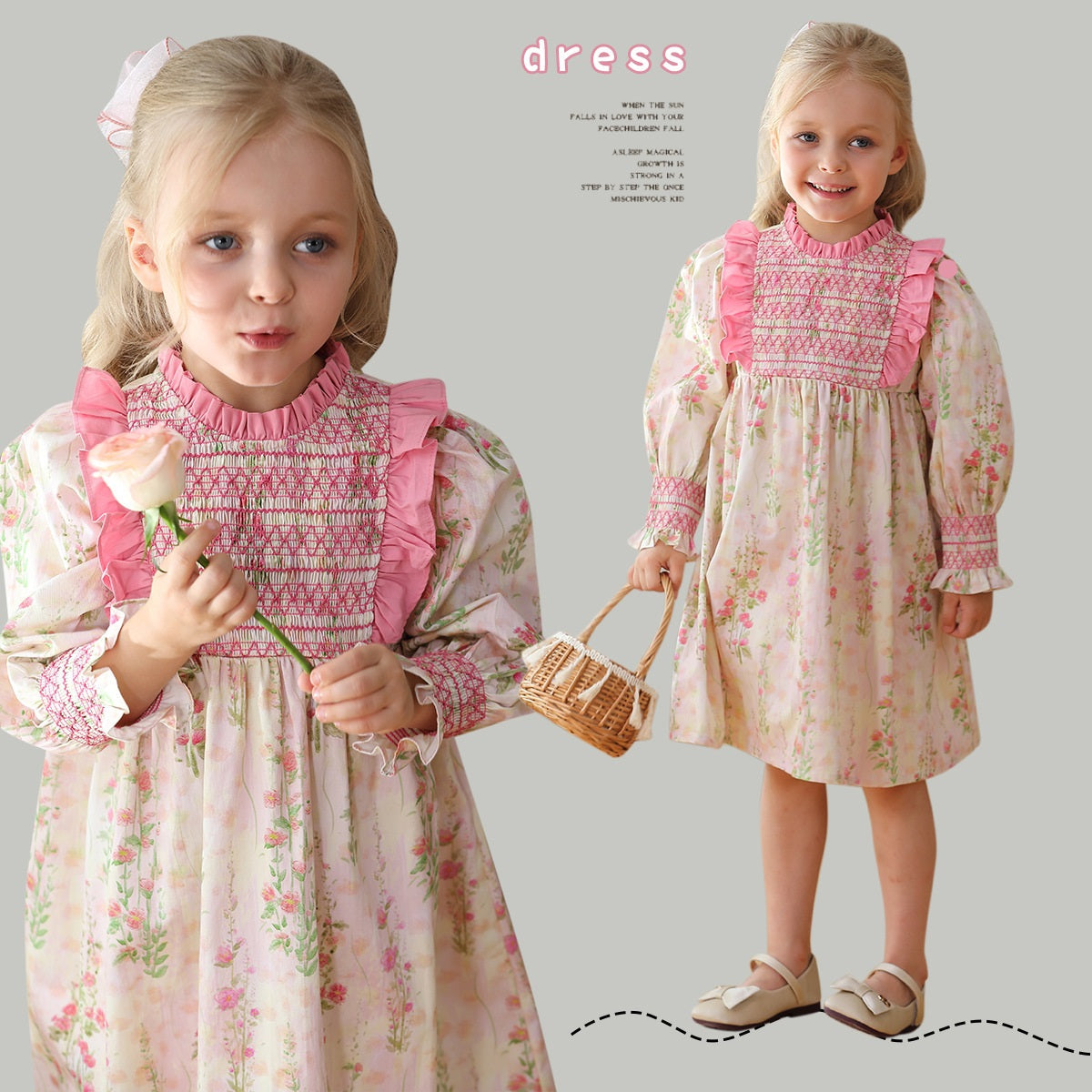 Design Autumn Girls Fashion Floral Long Puff Sleeves Ruffle Neck Dress