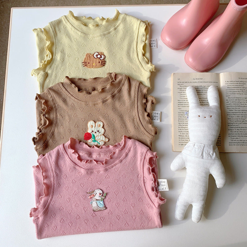 New Design Girls Ruffle Neck Sleeveless Cartoon Animals Pattern Hollow Out Top Vest