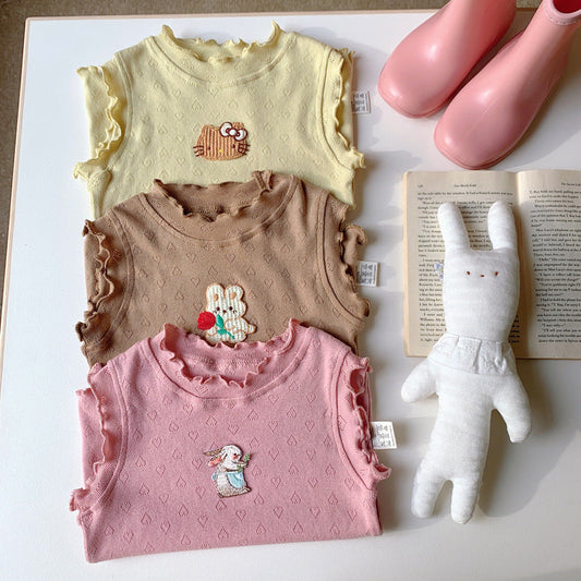 New Design Girls Ruffle Neck Sleeveless Cartoon Animals Pattern Hollow Out Top Vest